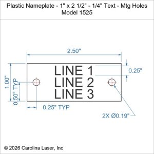 Plastic Nameplate - 1" x 2 1/2" - 1/4" Text - Mtg Holes