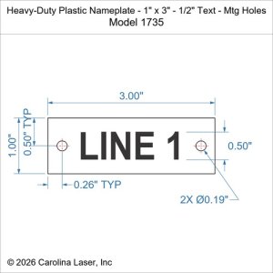 Heavy-Duty Plastic Nameplate - 1" x 3" - 1/2" Text - Mtg Holes