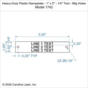 Heavy-Duty Plastic Nameplate - 1" x 5" - 1/4" Text - Mtg Holes