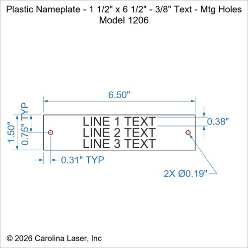 Modal Additional Images for Plastic Nameplate - 1 1/2" x 6 1/2" - 3/8" Text - Mtg Holes