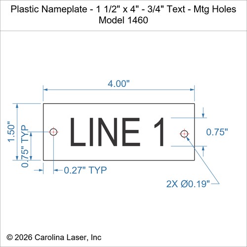 Modal Additional Images for Plastic Nameplate - 1 1/2" x 4" - 3/4" Text - Mtg Holes