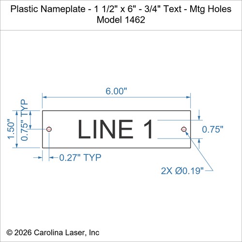Modal Additional Images for Plastic Nameplate - 1 1/2" x 6" - 3/4" Text - Mtg Holes