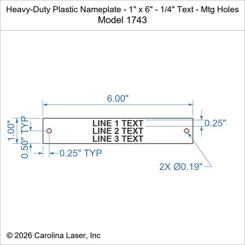 Modal Additional Images for Heavy-Duty Plastic Nameplate - 1" x 6" - 1/4" Text - Mtg Holes