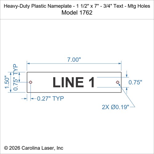 Modal Additional Images for Heavy-Duty Plastic Nameplate - 1 1/2" x 7" - 3/4" Text - Mtg Holes